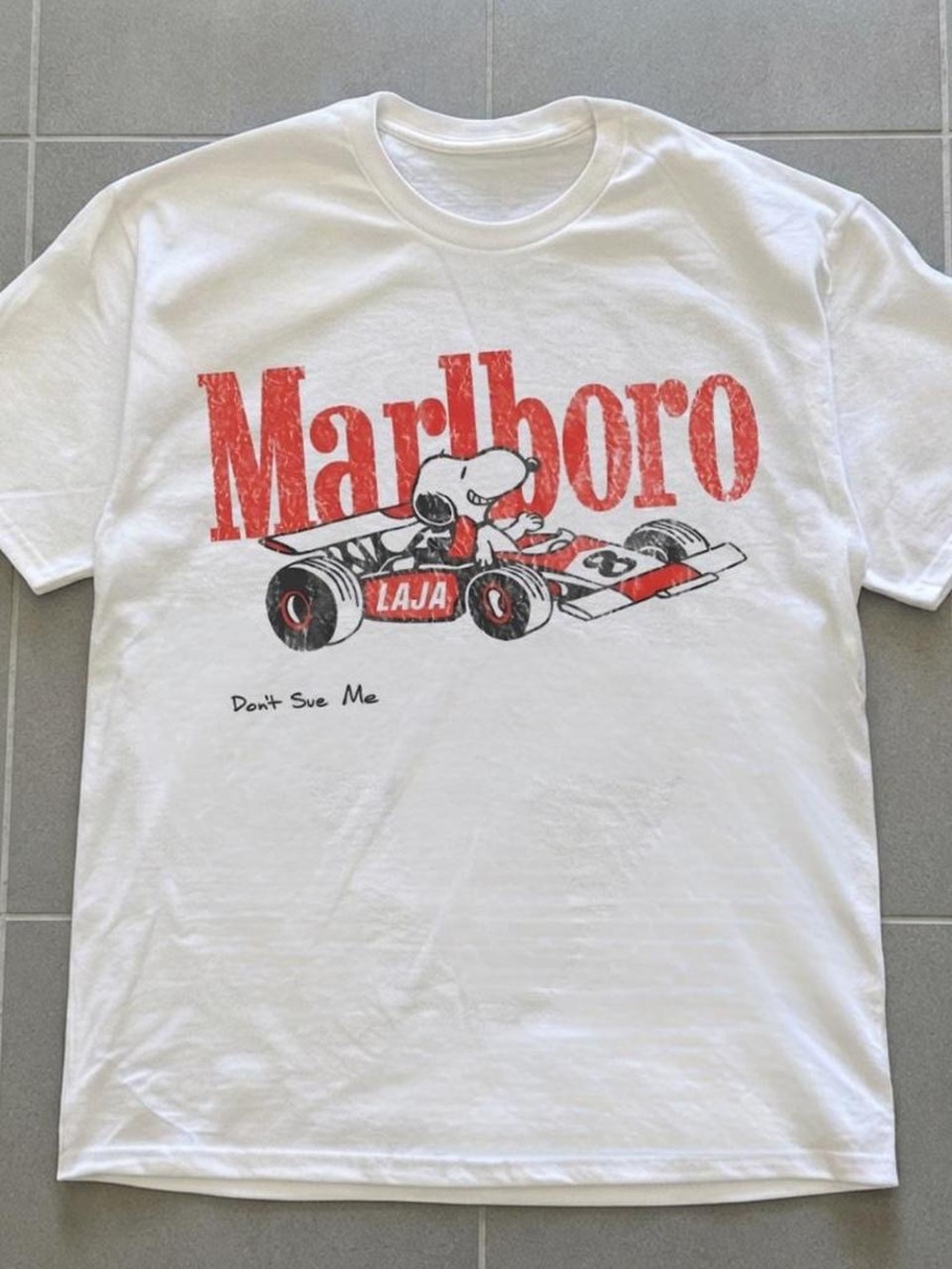 Marlboro White Tee with Red & Black Racing Snoopy Graphic